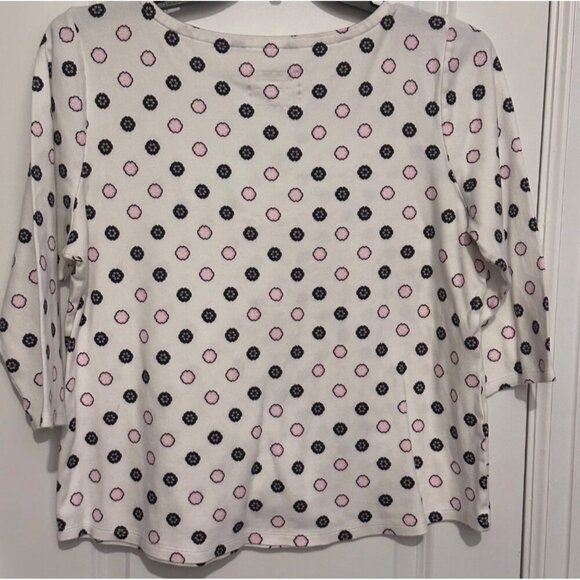 Charter Club Womens White & Pink Polka Dot 3/4 Sleeve Top Button Shoulder 100% S - Picture 2 of 7